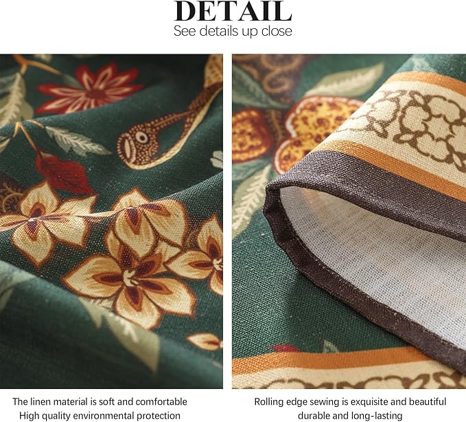 ISAENNE Designer Linen Green Rectangular Tablecloth,94"x63"-Mitchell | Vintage Elegant Table Cloth Rectangle Table,Floral and Bird Pattern,Heavy,Dining Room,Kitchen,Tea Party,Thanksgiving,Decor