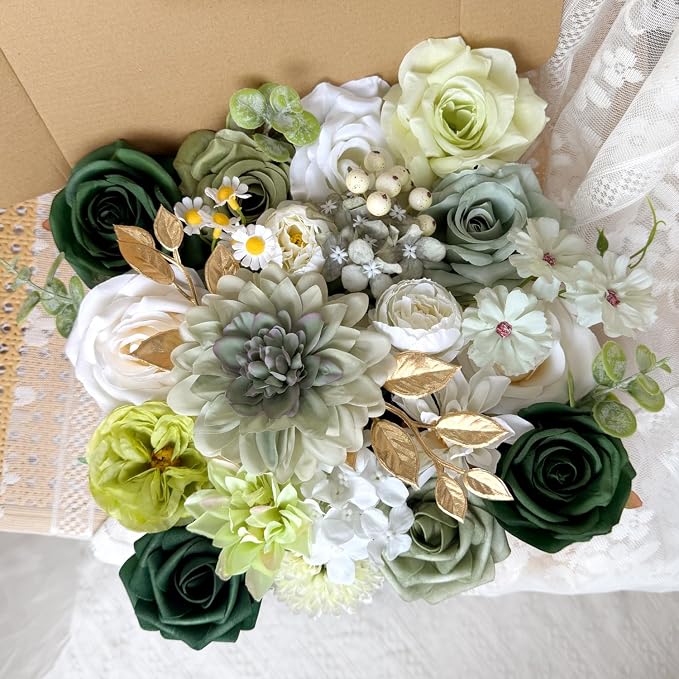 Sage Green Artificial Flowers Combo Assorted Emerald Dark Green Silk Roses with Stems Hunter Olive Green Cake Flowers Bridal Wedding Bouquet DIY Fake Floral Arrangements Baby Shower Table Centerpieces