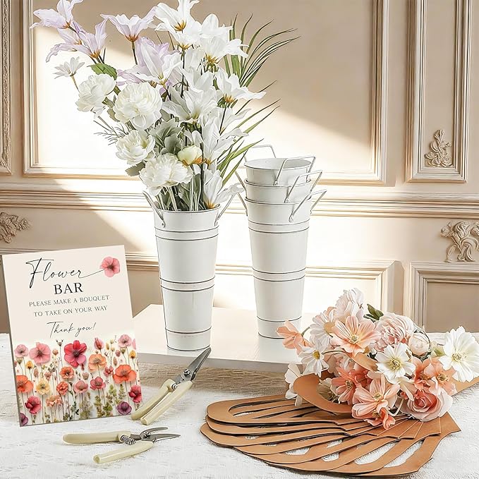 LEIFIDE Flower Bar Buckets Set Kit Bloom Bar Supplies Include Wood Sign Gift Bags Iron Bucket Garden Flower Shears for Wedding Bridal Shower Graduation Birthday Table Centerpieces(39 Pcs,White)