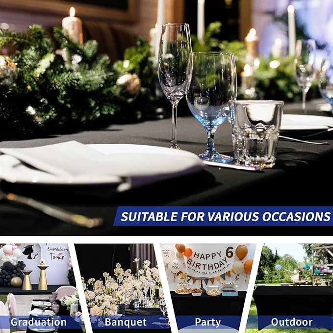 Fixwal 3 Pack Black Tablecloth Rectangle 8Ft, Stretch Spandex Fitted Table Cover for Party, Trade Show, Wedding, Buffet, Graduation, Vendor Stand