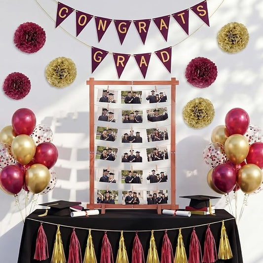 Novabright 36 Pcs Graduation Wooden Picture Frame Display Set Congrats Grad Banner Tassels Paper Flowers Balloon Class of 2026 Preschool High School College Graduate Party Decor(Burgundy, Gold)