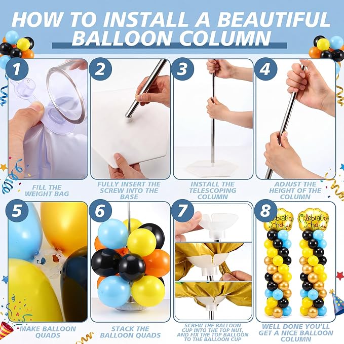 Hicarer 8 Sets Balloon Column Stand, 7ft Adjustable Metal Telescopic Pillar Set, Balloon Arch Stand for Birthday Wedding Baby Shower Party Decorations