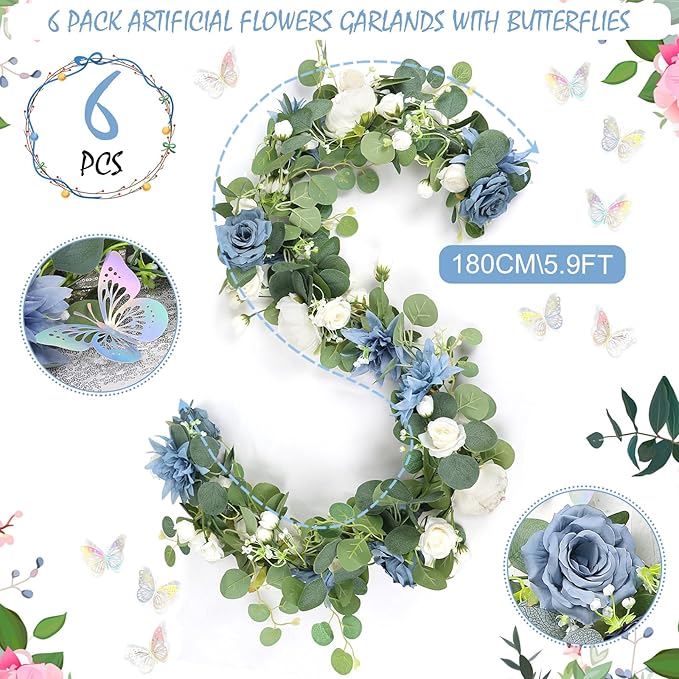 Eucalyptus Garland with Flowers - 6 Pack 5.9 FT Artificial Flower Garland with Butterflies Faux Rose Greenery Garlands for Backdrop Wedding Arch Centerpieces Decorations - Dusty Blue & White