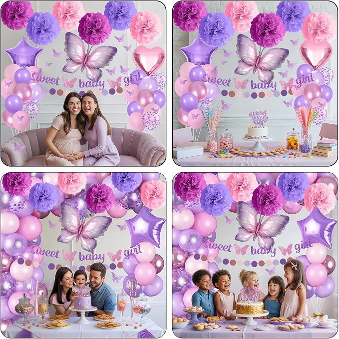 Butterfly Baby Shower Decorations for Girl, Sweet Baby Girl Banner with Pearl Pastel Purple Light Pink Latex Foil Balloons Cake Topper Pom Poms for A Little Butterfly Is On The Way Decoration Supplies