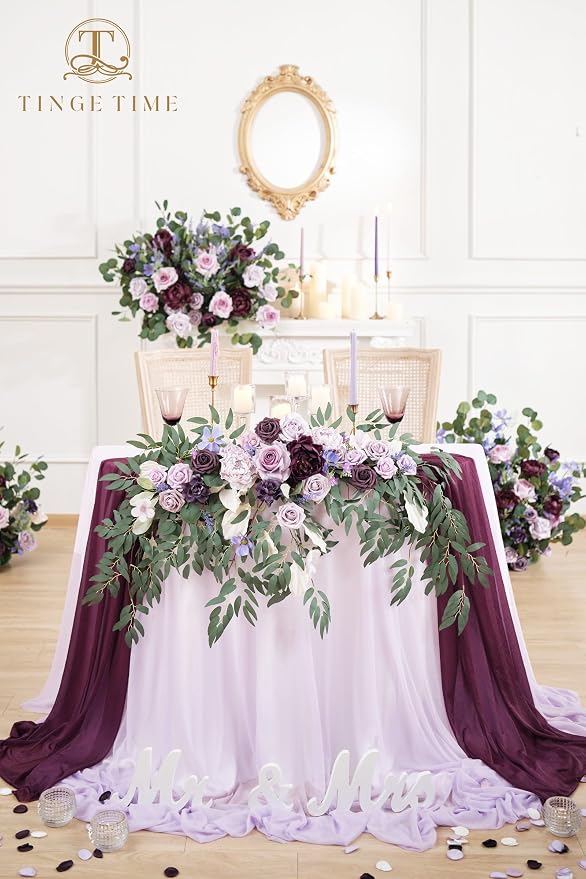 TINGE TIME Artificial Sweetheart Flower Swag with Tablecloth and Table Runner, Pack of 3 Floral Arrangement for Wedding Sweetheart Table Centerpiece Decoration (Lavender & Plum)