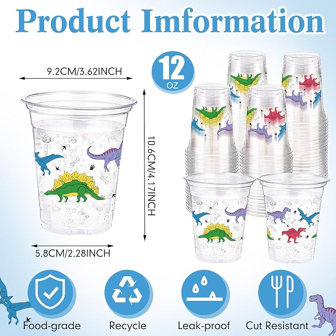 Funnymoom 60 Pack Dinosaur Cups 12 oz Disposable Clear Plastic Dino Theme Drinking Cups for Dinosaur Birthday Party Decorations Supplies
