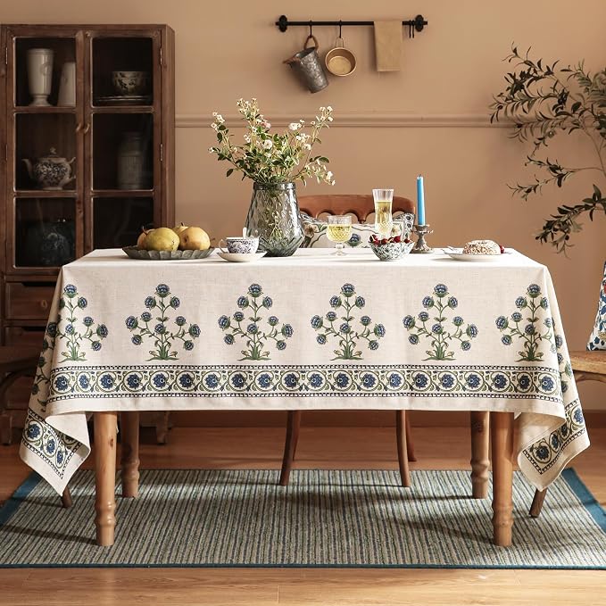 patdrea Vintage French Linen Tablecloth,Rectangular,87"x55"-Ivar B | Elegant Table Cloth for Rectangle Table,Blue and White Floral Patterned,Dining Room,Tea Party,Thanksgiving Decor