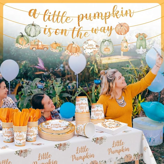 405 Pcs Little Pumpkin Baby Shower Party Decorations Thanksgiving Fall Little Pumpkin Decoration Baby Shower Plates and Napkins Supplies Include Tablecloth Banner Cups for 50 Guests Autumn