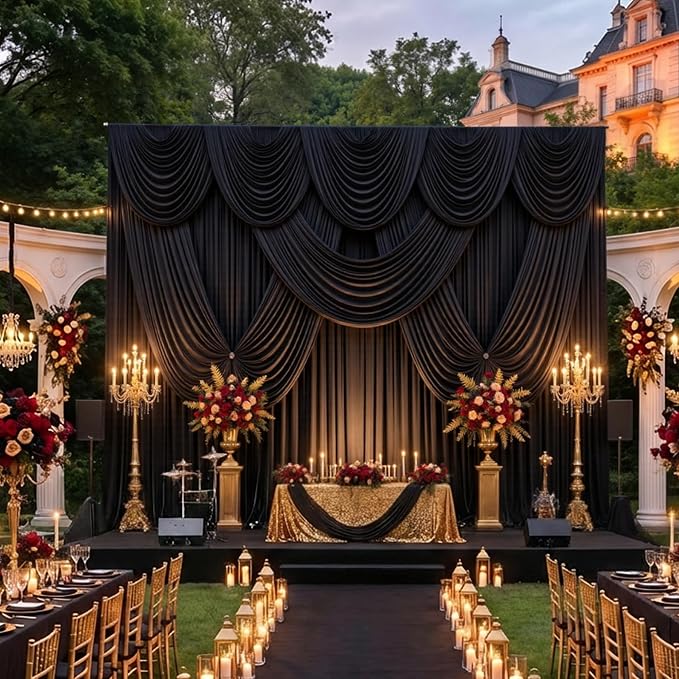 50ftx12ft Wrinkle Free Black Backdrop Curtain, 10 Panels 12FT Height Black Drapes for Wedding, Silky Polyester Photo Back Drop Cloth Draping for Birthday Party Photography Background
