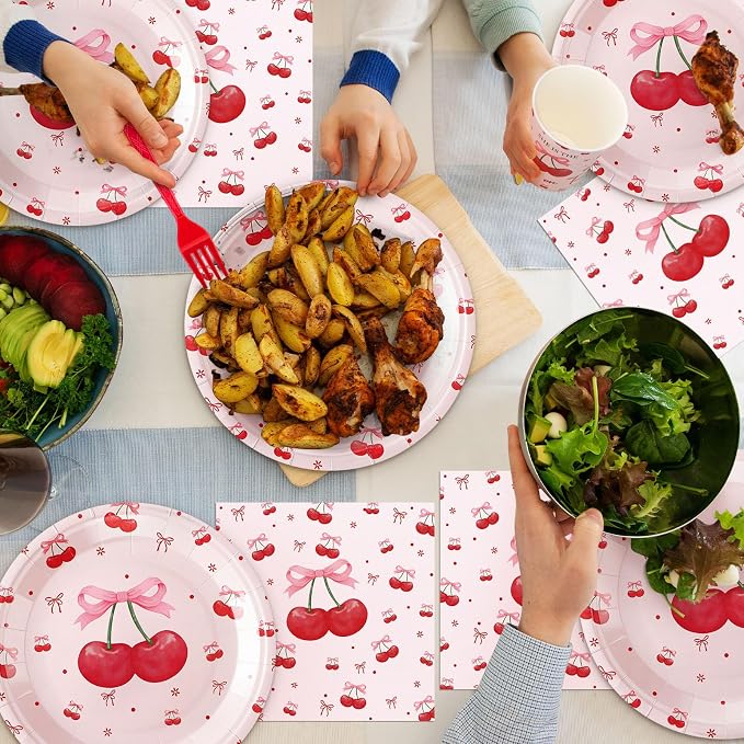 Zhehao 200 Pcs Cherry Decoration Baby Shower Plates Napkins Sets Birthday Party Bridal Shower Decoration Wedding Paper Plates Engagement Bachelorette Supplies, Serve 50