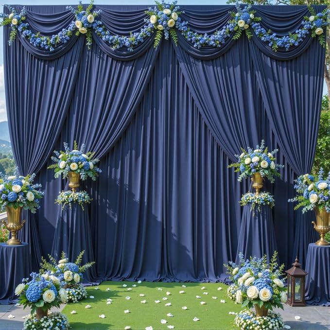 10 Panels Navy Blue Backdrop Curtains for Wedding Party Wrinkle Free Backdrops Curtain Drapes Fabric Decorations Photo Back Drop Cloth for Baby Shower Photography Stage Reception 50ft(W) x 12ft(H)