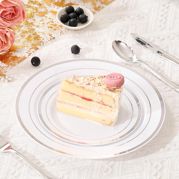 Fijinhom 100PCS Silver Plastic Plates, Disposable Plates with 50PCS 10" Dinner Plates & 50PCS 7" Dessert Plates for 50 Guests, Plastic Party Plates for Wedding, Birthday, Silver