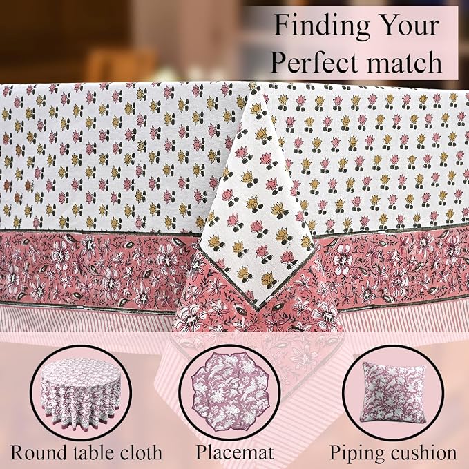 CPC Rosette Bloom Tablecloth 100% Cotton 72x160 Inch Indian Block Print Rectangle Table Cover, Table Cloth for Gifting in Weddings, Halloween, Fall, Christmas, Thanksgiving