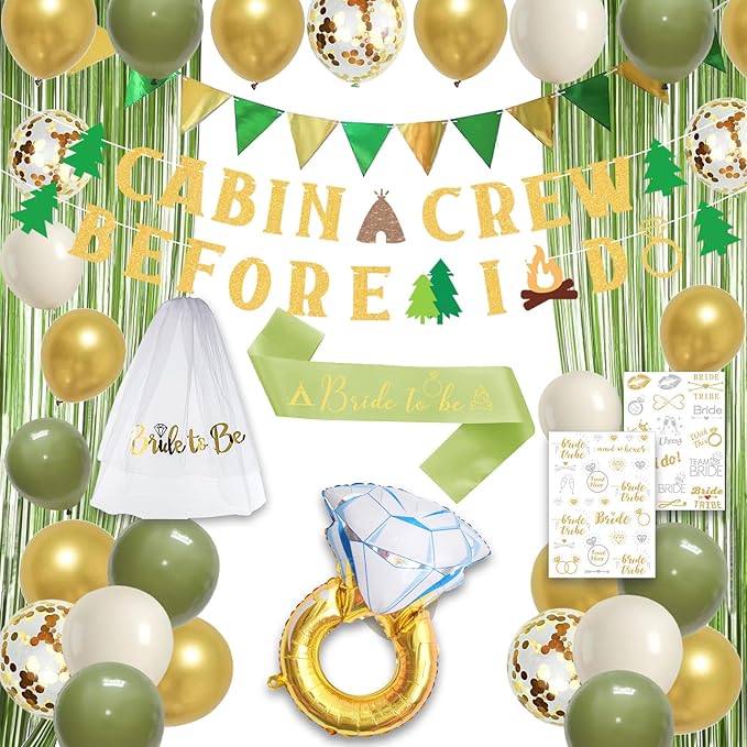 Roetyce Camp Bachelorette Party Decorations, Green Bride To Be Sash Veil Fringe Curtain, Cabin Crew Before I Do Banner Balloons Temporary Tattoos Kit, Camping Themed Bridal Shower Wedding Decorations