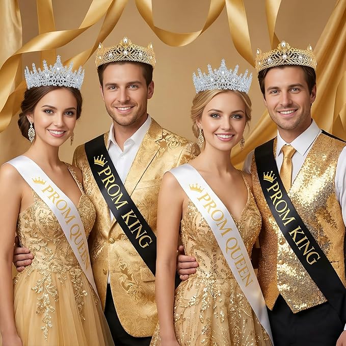 Retrowavy 4 Pcs Prom King and Queen Crown Set with Sashes Prom King Queen Sash and Tiara Set for 2026 Grad Birthday Carnival Wedding Costume Accessories(Gold,Silver)