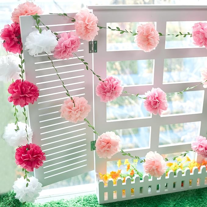 Gradient Pink Tissue Paper Pom Pom Garlands, Paper Flowers for Birthday Decorations, Baby Shower, Wedding Engagement, Bridal Shower, Spring Summer Party Decorations, 4 Pcs