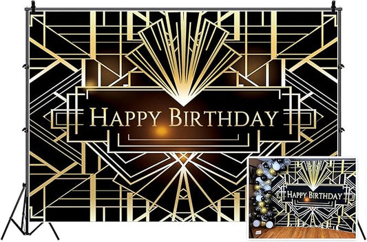 Leyiyi 6x4ft Luxurious Photography Backdrops Luxury Geometric 1920s Black and Gold Background Happy Birthday Backdrop Banner for Photography or Party Decoration