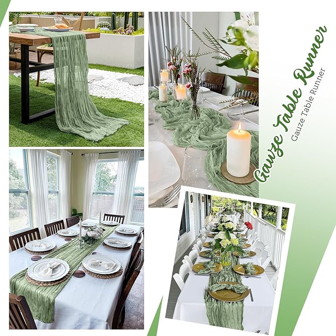 16 Pack Sage Green Cheesecloth Table Runners 20x120 Inch Gauze Table Runner Cheese Cloth 10FT Green Table Runner Rustic Sheer Runner for Wedding Baby Shower Birthday Party Table Decor