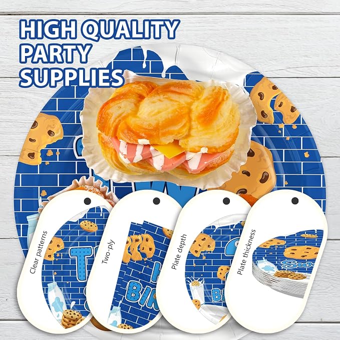 96 Pcs Milk and Cookies 2nd Birthday Party Supplies Dark Blue Cookies Plates and Napkins Two Sweet Cookie Tableware Set for Boys Girls Sweet Cookie 2nd Birthday Party Supplies, Serves 24