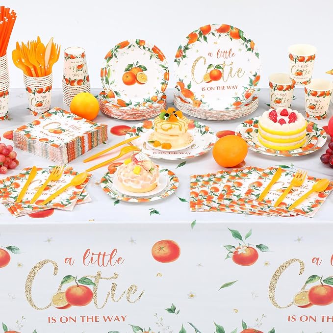 Funnymoom 452 Pcs Little Cutie Baby Shower Party Decorations a Little Cutie Is on the Way Paper Plates Napkins Cups Tablecloth Cutlery Straws for Orange Citrus Tangerine Fruit Birthday Party