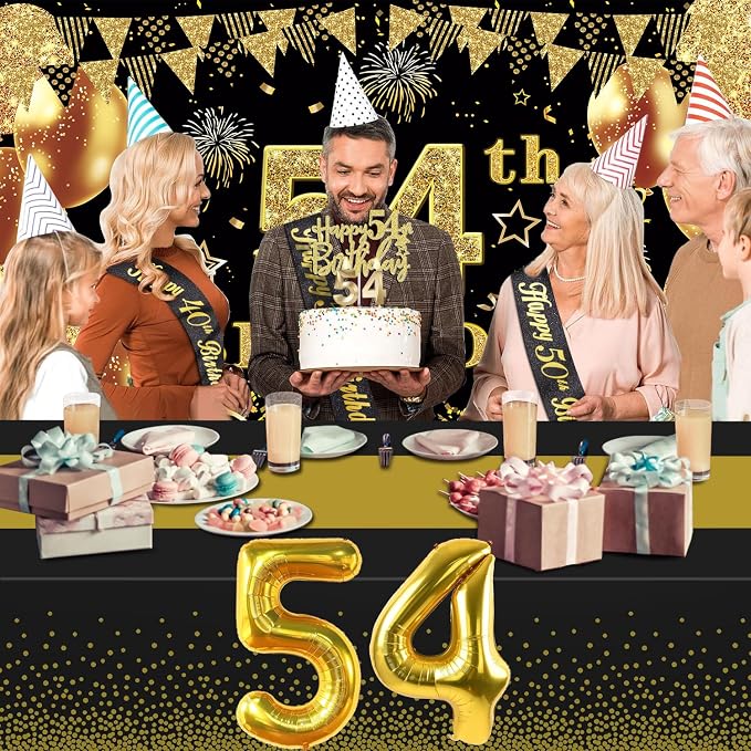 54th Birthday Decorations Men Women with 54th Birthday Banner, Black and Gold Table Cloth, Number Balloons, Large Sash, Cake Topper and Candles