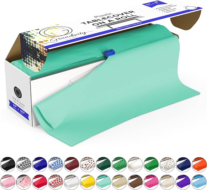 Grandipity Plastic Tablecloth Roll - 54in x 300 Ft. Aqua Plastic Table Cloths for Parties Disposable with Cutter Box - Cut to Size Disposable Tablecloth Table Cover for Rectangle & Round
