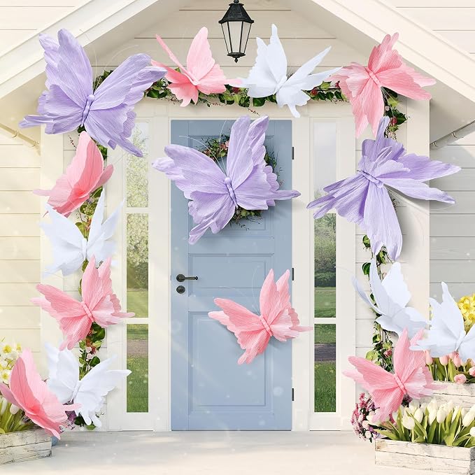 3 Pcs 3D Large Hanging Butterfly Decorations Large Butterfly Birthday Party Decorations 3D Crepe Paper Decoration for Wedding Party Birthday Baby Shower Garden(Purple, Pink, White,11inch,20 Inch)
