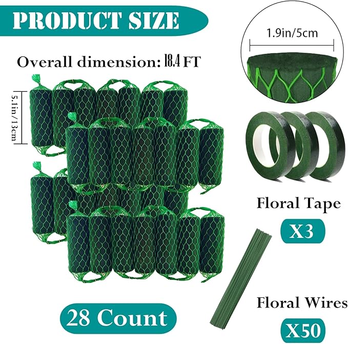 28PCS Floral Foam Garland - 18.4Ft Flower Sponge Blocks Kit,Absorption Flower Holder Arch Door for Wet Dry Fresh Flowers Arrangement for Wedding Garden Home Decor（Floral Tape x3, Floral Wire x50