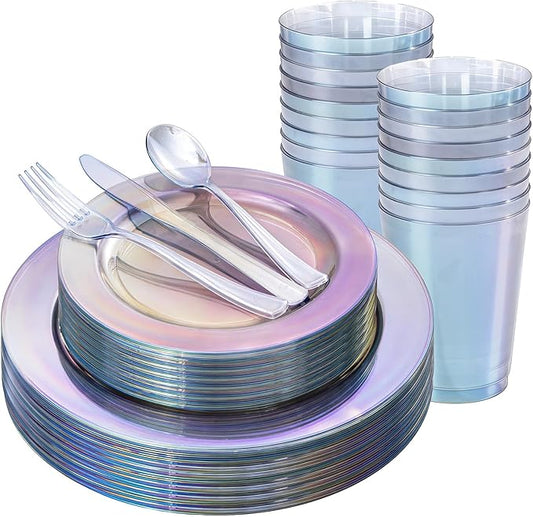 Rubtlamp 180Pcs Candy Plastic Dinnerware Set(30 Guests), Iridescent Plastic Plate With Disposable Silverware, Plate Set Include 30Dinner Plates, 30Dessert Plates, 90Cutlerys, 30Cups