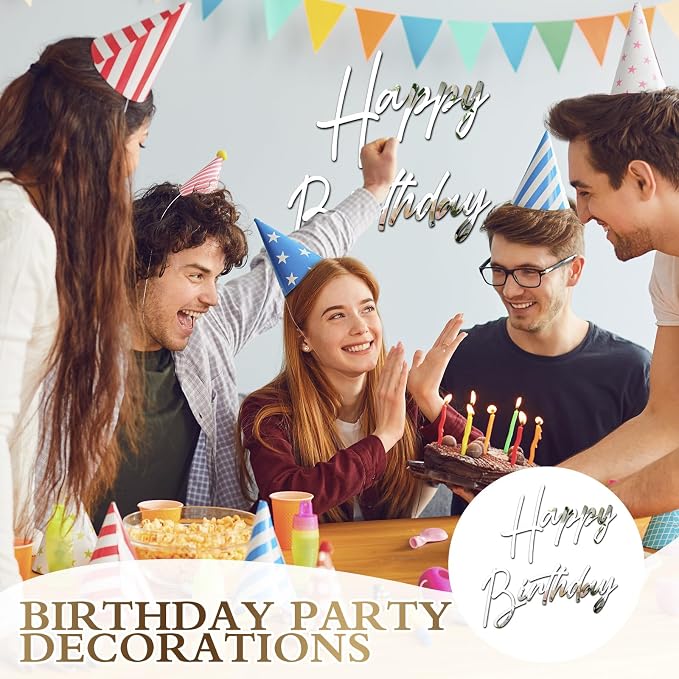 Yousoontic Happy Birthday Sign for Backdrop Large Happy Birthday Sticker Letter Acrylic Mirror Decal for Balloon Arch Wall Kpop Party, Peel Off Acrylic Film(23 x 20 Inches,Classic,Silver)