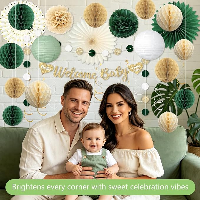 Sage Green Baby Shower Decorations Boy, Pre-Strung Welcome Baby Sign with Honeycomb Balls, Paper Flowers, Lanterns, Fans, Hanging Swirls, Circle Dots Garland for Boy Baby Shower Decorations 24pcs