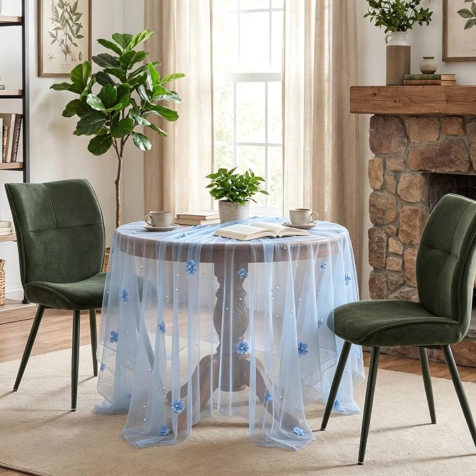 BINBE 4pcs Flower Pearl Table Runner Spring Summer Rustic Boho 10ft Tulle Table Runner for Baby Shower Wedding Veil Holiday Dessert Table Decor Blue
