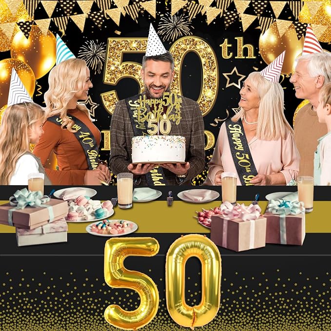 50th Birthday Decorations Men Women with 50th Birthday Banner, Black and Gold Table Cloth, Number Balloons, Large Sash, Cake Topper and Candles