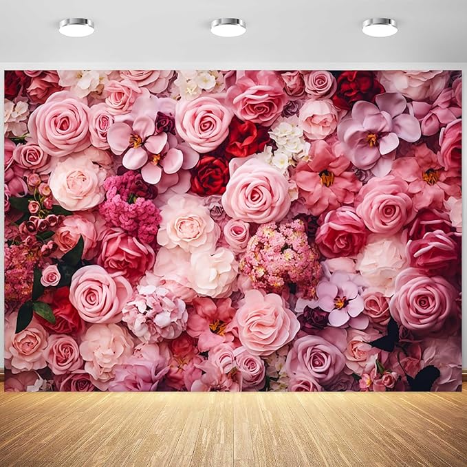 15x8ft Flower Backdrop Pink Red Rose Flowers Floral Wall Photography Background Birthday Baby Shower Wedding Party Banner Decorations Supplies Photo Booth Props