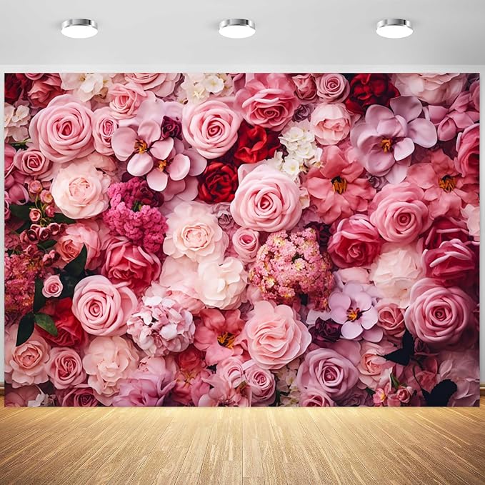 10x8ft Flower Backdrop Pink Red Rose Flowers Floral Wall Photography Background Birthday Baby Shower Wedding Party Banner Decorations Supplies Photo Booth Props