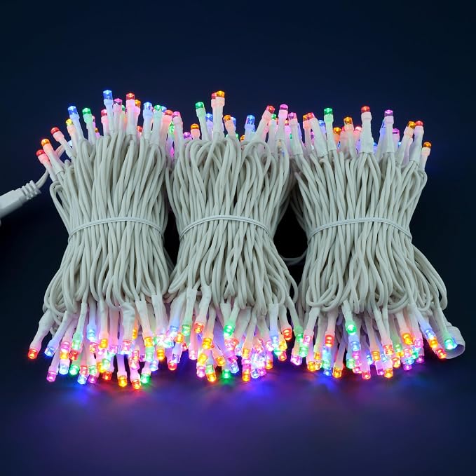 YULETIME 300 Multicolor String Lights, 100 ft 8 Models White Wire 5mm LED | Wide Angle Bulbs, Safe 29V Adapter, Multimode Lighting, Connectable, 100' Total Length, 1-Strand 300 Lights, 4" Spacing