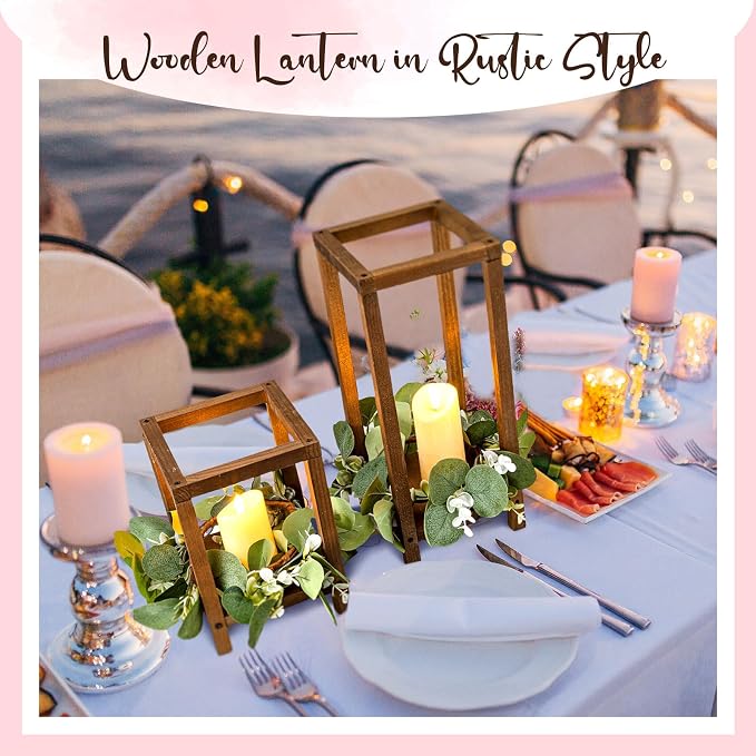 Sliner 24 Pcs Wedding Lantern Centerpiece Set Include 12 Rustic Wooden Candle Lantern 12 Flameless LED Candle for Wedding Party Baby Shower Table Fireplace Farmhouse Home Decoration(Brown)