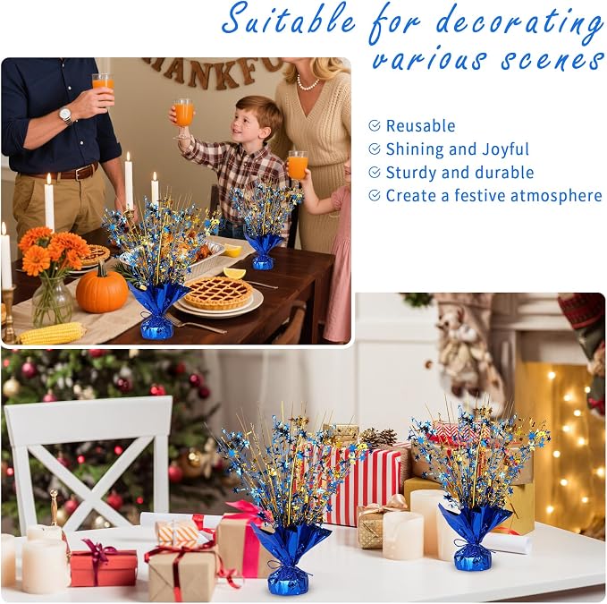 Metallic Star Spray Centerpieces 8 pack for Tables - Bulk 12.4" Foil Fountain Table Decorations for Large Events, Graduation 2026, Wedding Reception (Golden Blue Blend)