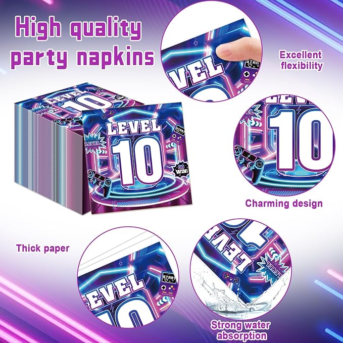 96Pcs 10th Birthday Video Game Party Decorations 10 Years Old Themed Tableware Purple Blue Plates Napkins Forks Level 10 Dinnerware Party Supplies for Kids Boys Gamer Gaming Birthday Serves 24 Guests