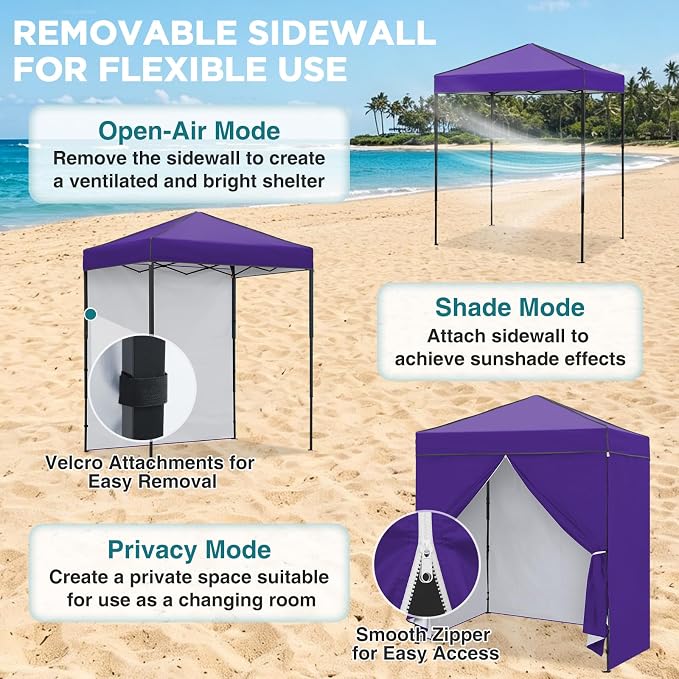 EAGLE PEAK 6x4 Instant Pop Up Canopy Tent with 4 Side Wall Panels, Straight Leg Sun Shelter, Portable Canopy with Carry Bag for Camping, Beach & Sports, Purple