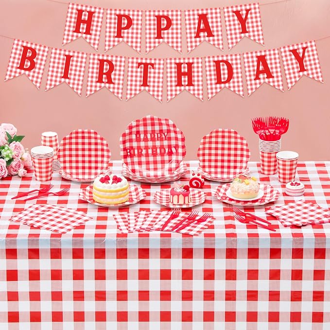 LemonRoad 128 Pcs Red and White Picnic Birthday Party Decoration for 25 Guests, Gingham Checkered Red Birthday Paper Plates Napkins Cups Tablecloth Forks Banner for Pizza BBQ Birthdays Party Supplies