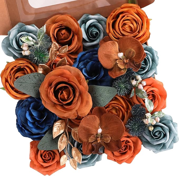Garisey Artificial Flowers Combo for DIY Wedding Bouquets Combo Centerpieces Arrangements Party Bridal Baby Shower Home Decorations-Teal&Terracotta