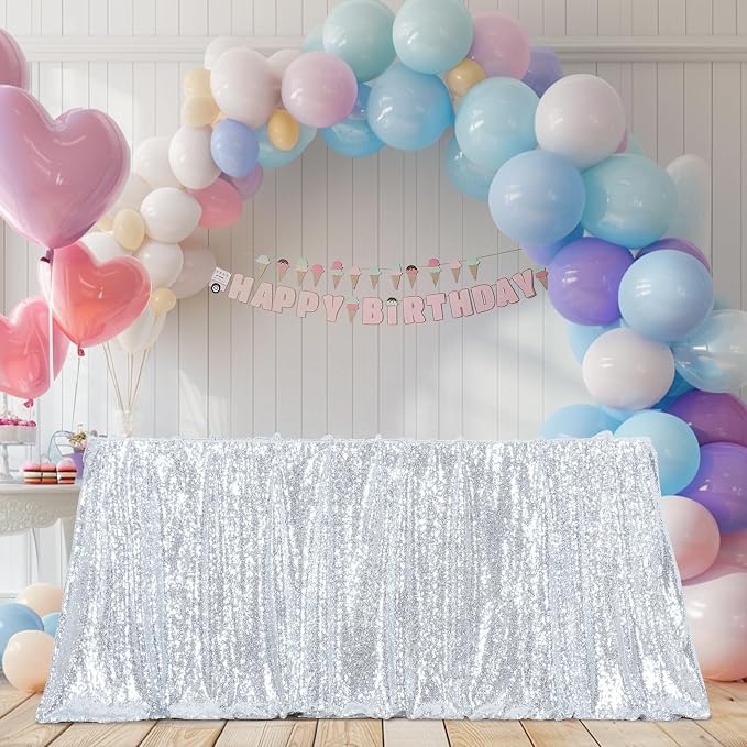 Poise3EHome Silver Sequin Tablecloth 50×80 Inch Rectangle Sparkly Fabric Table Cover Overlay for Birthday Wedding Party Christmas Holiday Baby Shower Cake Table Decoration