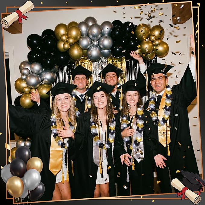 Sherr 48 Pcs Graduation LED Hawaiian Leis Class of 2026 Light Up Flower Leis Necklace with LED Lights Black Gold Silver Luau Flowers Necklaces for Graduation Party Decoration Supplies