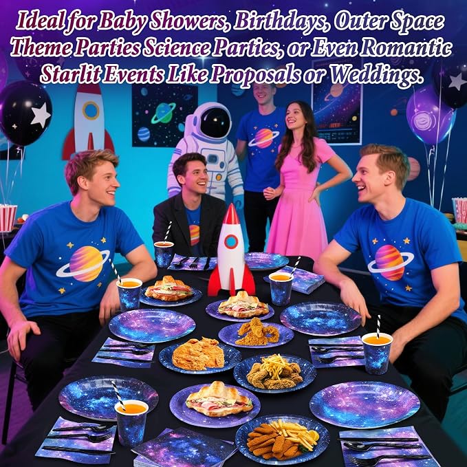 450 Pcs Space Galaxy Tableware Set Decorations, Starry Sky Paper Plates Napkins Cups Cutlery Straws for Outer Space Theme Birthday Baby Shower Party Supplies, Serves 50