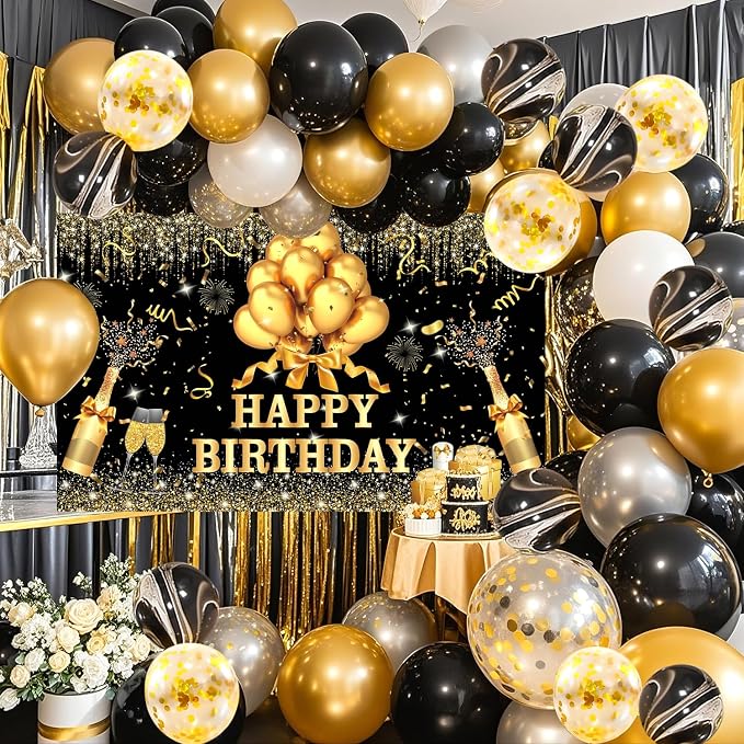 63 PCS Black Golden Birthday Party Balloons Decoration for Man Women | with Photo Backgrounds Backdrops Colth, Confetti Balloons, Happy Birthday Sign Banner Cloth