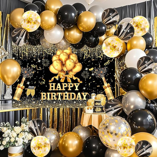 63 PCS Black Golden Birthday Party Balloons Decoration for Man Women | with Photo Backgrounds Backdrops Colth, Confetti Balloons, Happy Birthday Sign Banner Cloth
