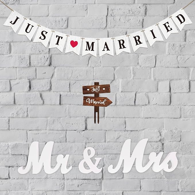 Rustic Wedding Decoration Set Just Married Cake Topper & Banner & Mr Mrs Table Sign in Wood