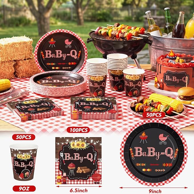 Hushee 200 Pcs Baby Q Baby Shower Paper Plates Cups Napkins Party Supplies Tableware Set Disposable Cup Napkin for 50 Guest BBQ Party Decoration
