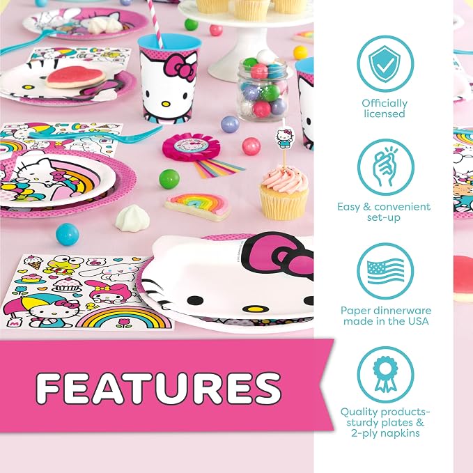 Hello Kitty Birthday Decorations & Party Supplies | Hello Kitty Plates and Napkins, Cups, Tablecloth, Forks, Sticker | Serves 16 Guests | Officially Licensed